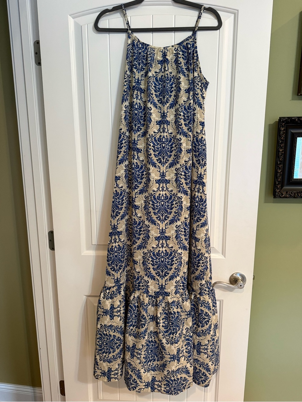 New Blue Damask Print Spaghetti-Strap Maxi Dress — Cream Base Size Large